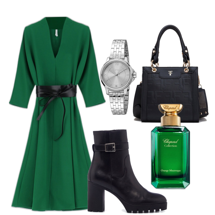 Outfit donna - Lo stivaletto Pittarosso. Stile Trendy per Ufficio. Abbinamento con profumi, borse tote, vestiti midi/longuette, stivaletti, orologi.