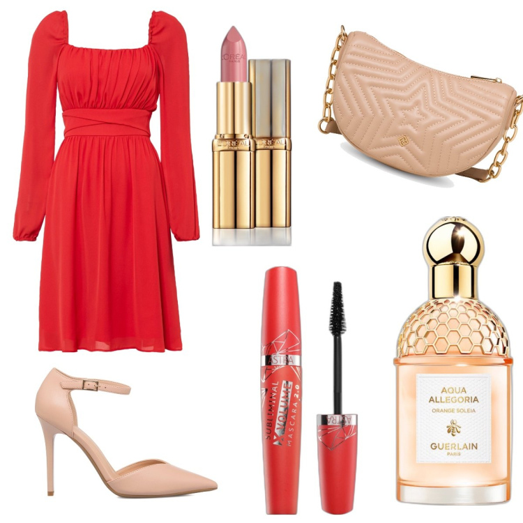 Outfit donna - Primo appuntamento. Stile Romantica per Serata fuori. Abbinamento con vestiti, profumi, mascara, rossetti, décolleté, borse a tracolla.