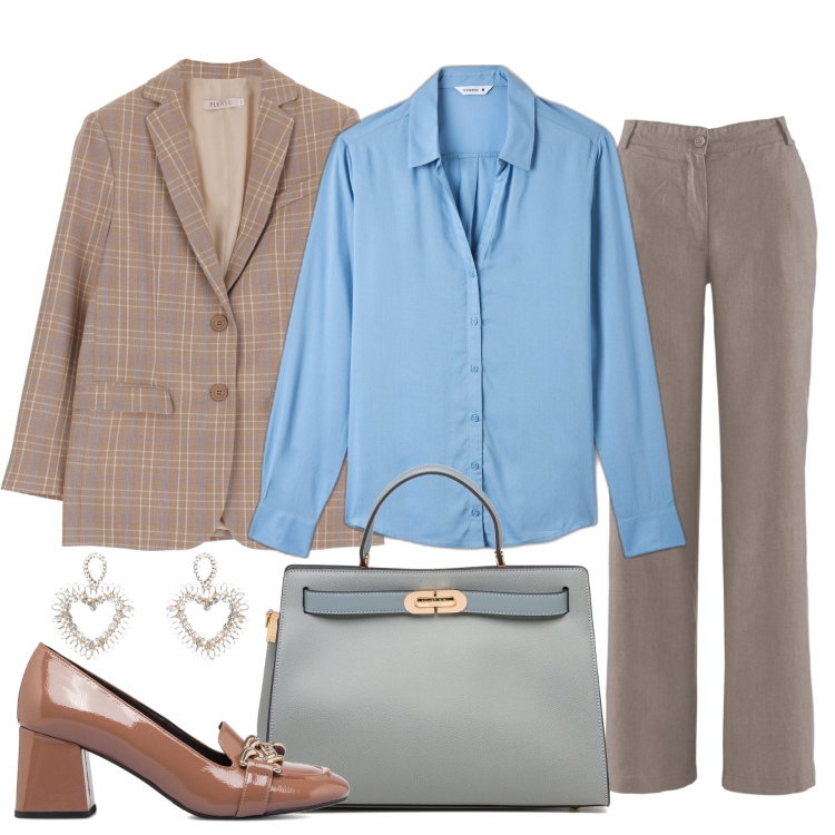 Outfit donna - In ufficio. Stile Chic per Ufficio. Abbinamento con pantaloni, camicie, giacche, orecchini, décolleté, borse a mano.