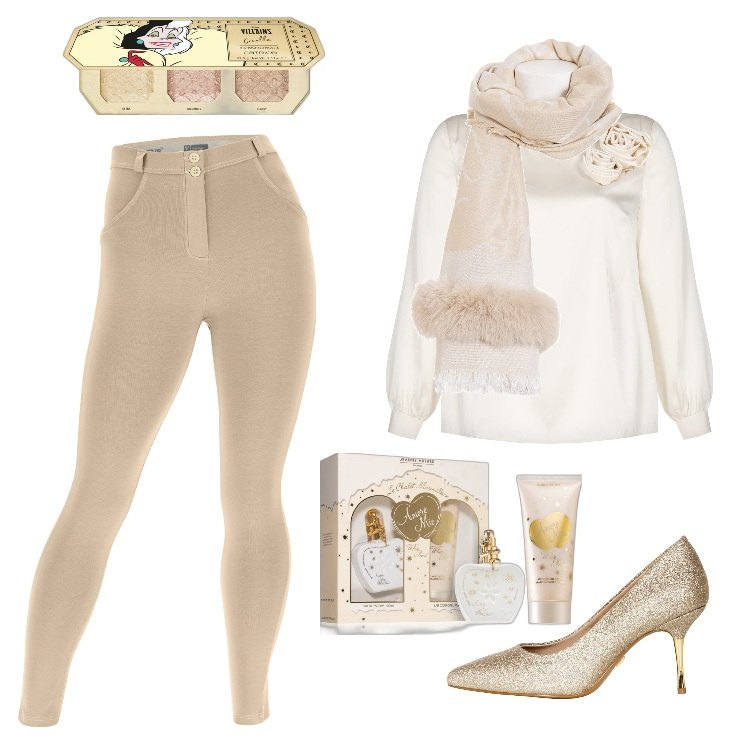 Outfit donna - Bianco Perla - curvy. Stile Chic per Cerimonia. Abbinamento con profumi, blush, bluse, décolleté, sciarpe, pantaloni skinny.