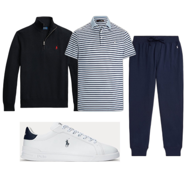 Outfit uomo - Total look #1721309. Stile Trendy per Sport. Abbinamento con sneakers, polo, pantaloni, maglieria.