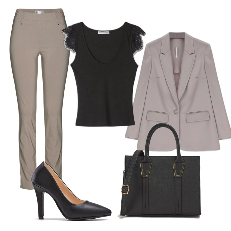 Outfit donna - Pronta per il lavoro. Stile Casual per Tutti i giorni. Abbinamento con pantaloni, décolleté, giacche, canottiere, shopping bag.