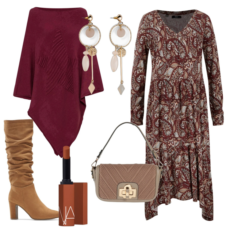 Outfit donna - Quasi autunno. Stile Boho per Tutti i giorni. Abbinamento con orecchini, vestiti, cappotti, stivali, borse a mano, rossetti.