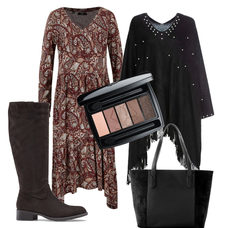 Outfit donna - Boho chic in autunno. Stile Boho per Tutti i giorni. Abbinamento con stivali, shopping bag, vestiti, cappotti, ombretti.