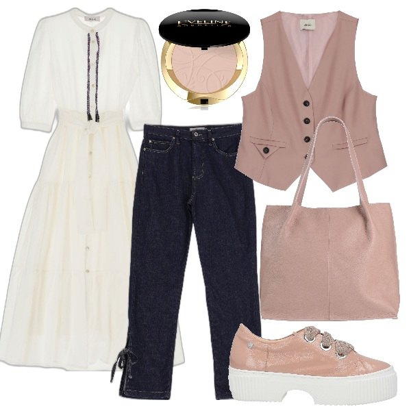 Outfit donna - Sovrapposizioni. Stile Boho per Tutti i giorni. Abbinamento con scarpe stringate, borse a spalla, ciprie, jeans dritti, vestiti lunghi, gilet.
