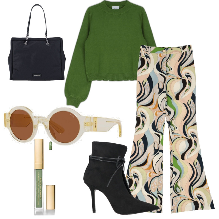 Outfit donna - Boho green chic. Stile Boho per Ufficio. Abbinamento con stivaletti, borse a spalla, correttori, pullovers, pantaloni, occhiali da sole.