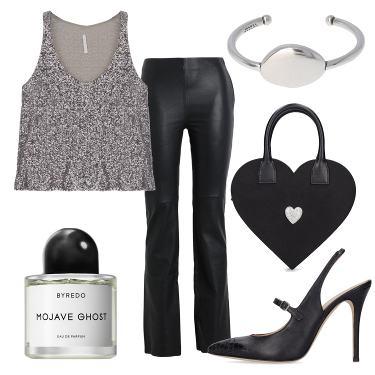 Outfit donna - Evening. Stile Glamour per Serata fuori. Abbinamento con pantaloni, profumi, canottiere, borse a mano, décolleté, braccialetti.