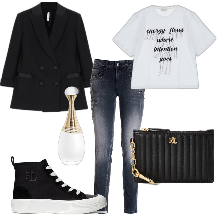 Outfit donna - Doppiopetto e jeans. Stile Trendy per Tutti i giorni. Abbinamento con profumi, jeans skinny, cappotti, portafogli, sneakers, t-shirt.
