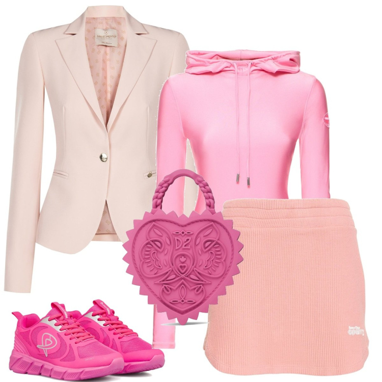 Outfit donna - Think Pink. Stile Casual chic per Scuola/Università. Abbinamento con cappotti, scarpe sportive, top, borse a mano, gonne.
