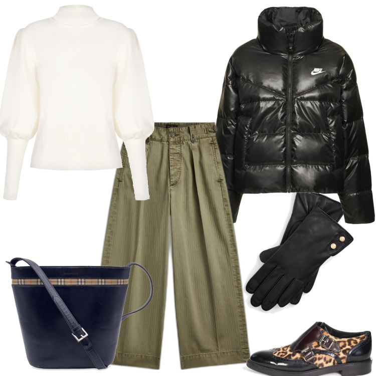 Outfit donna - Rassicurante fresco autunno. Stile Casual per Tutti i giorni. Abbinamento con mocassini, borse a spalla, maglieria, pantaloni, guanti, piumini.