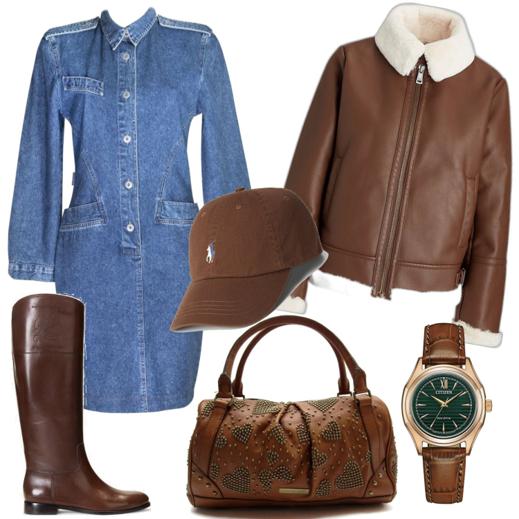 Outfit donna - L\'abito di jeans. Stile Casual per Tutti i giorni. Abbinamento con vestiti chemisier, borse a mano, cappelli, cappotti, stivali, orologi analogici.