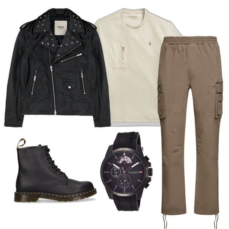 Outfit uomo - Total look #1721460. Stile Biker Rock per Tutti i giorni. Abbinamento con giacche, t-shirt, pantaloni cargo, stivali, orologi.