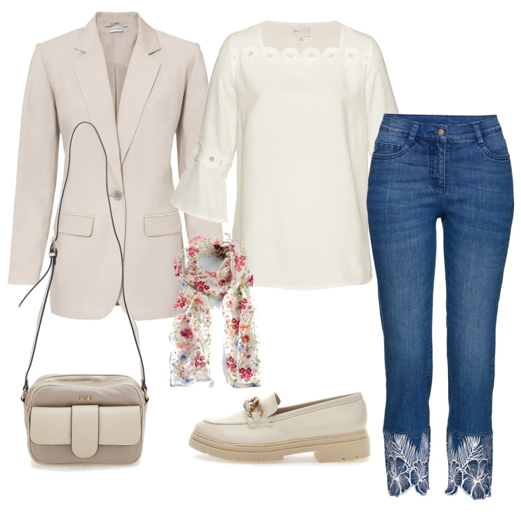 Outfit donna - Total look #1721464. Stile Casual per Ufficio. Abbinamento con foulard, blazer, jeans, bluse, mocassini, borse a tracolla.