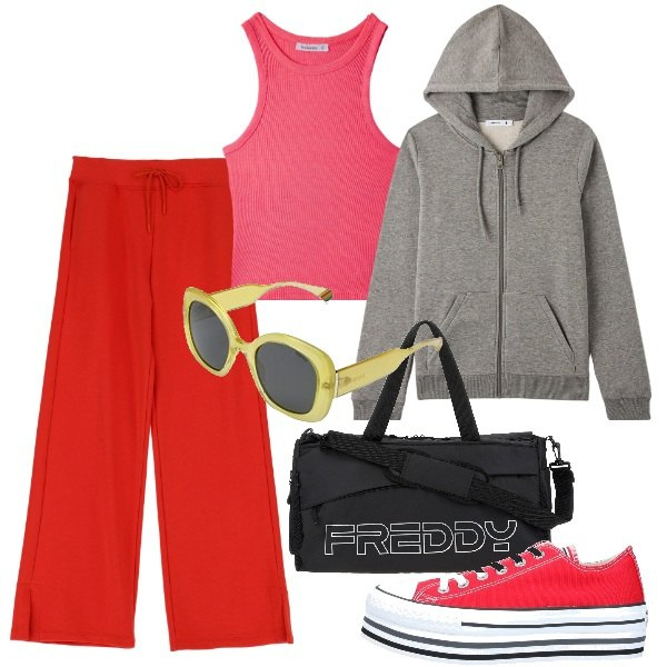 Outfit donna - Giornata sportiva. Stile Sporty chic per Sport. Abbinamento con sneakers, canottiere, felpe con cappuccio, pantaloni a palazzo, borse sportive.