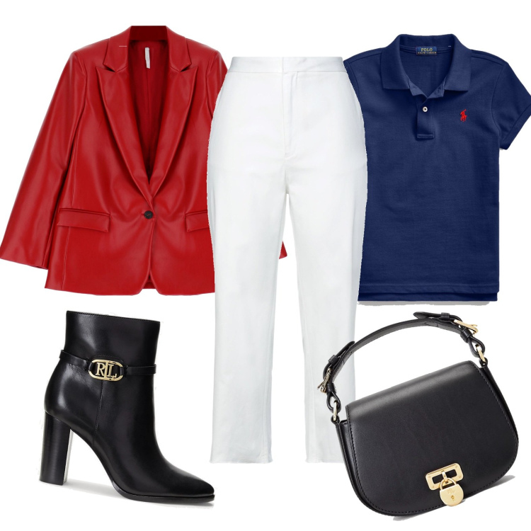 Outfit donna - Casual chic. Stile Casual chic per Tutti i giorni. Abbinamento con pantaloni, cappotti, borse a tracolla, polo, stivaletti.