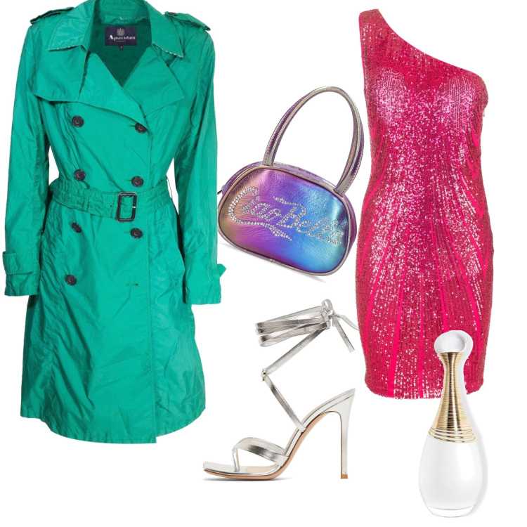 Outfit donna - Total look #1721489. Stile Glamour per Serata fuori. Abbinamento con trench, profumi, vestiti asimmetrici, borse a mano, sandali alla schiava.