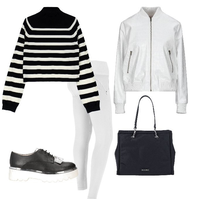 Outfit donna - Comodo autunno. Stile Casual per Tutti i giorni. Abbinamento con giacche, borse a spalla, scarpe stringate, pantaloni skinny, pullovers.