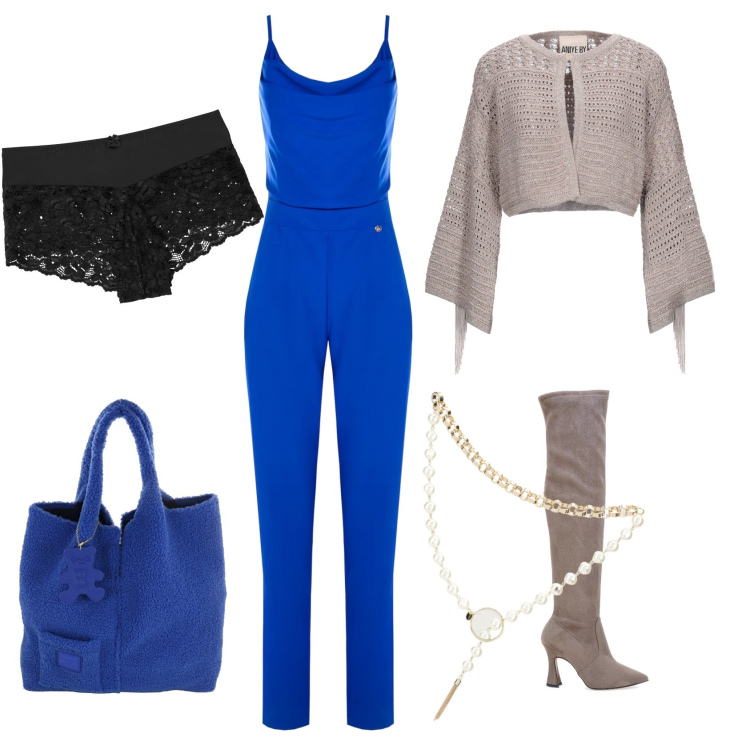 Outfit donna - La tuta blu. Stile Chic per Ufficio. Abbinamento con culotte, cardigans, tute, stivali sopra il ginocchio, shopping bag.