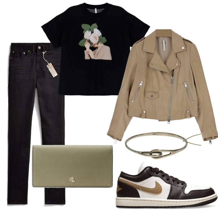 Outfit donna - Total look #1721528. Stile Urban per Tutti i giorni. Abbinamento con t-shirt, giacche, portafogli, jeans skinny, sneakers.