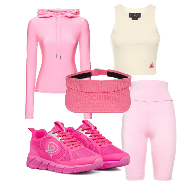 Outfit donna - Pink sport outfit. Stile Sporty chic per Sport. Abbinamento con scarpe sportive, canottiere, shorts, top, cappelli con visiera.