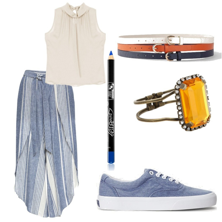 Outfit donna - Total look #1721551. Stile Boho per Scuola/Università. Abbinamento con cinture, pantaloni a palazzo, eyeliner, braccialetti, canottiere, sneakers.