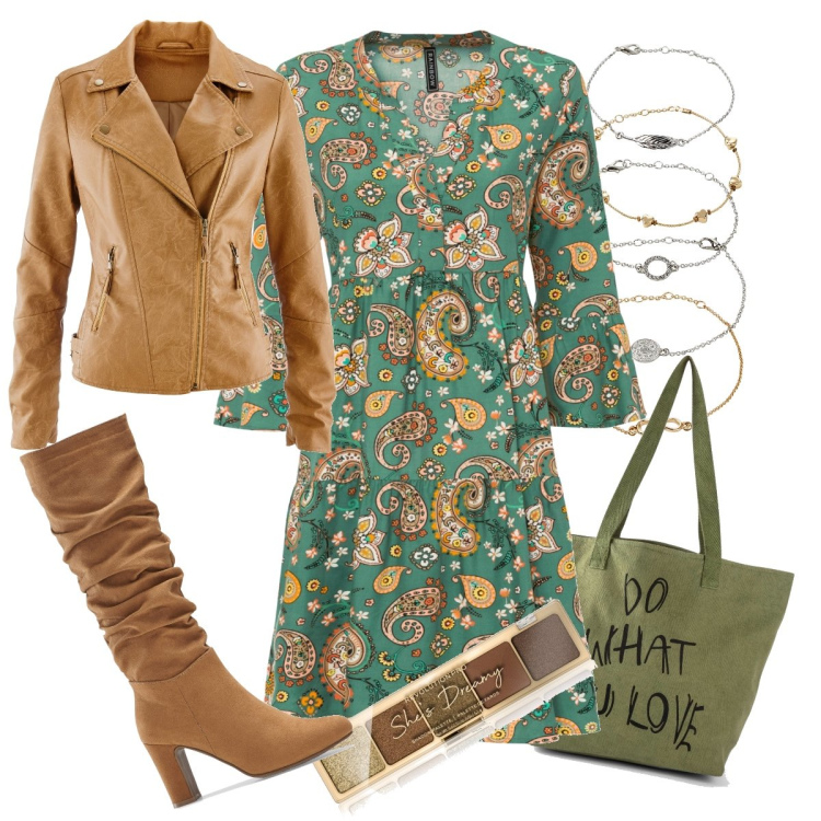 Outfit donna - Boho per l’après midi. Stile Boho per Tutti i giorni. Abbinamento con braccialetti con ciondoli, vestiti, stivali, blazer, shopping bag, ombretti.