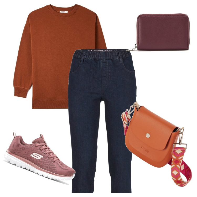 Outfit donna - Jeans con elastico. Stile Basic per Tutti i giorni. Abbinamento con jeggings, sneakers, felpe, portafogli, borse a spalla.