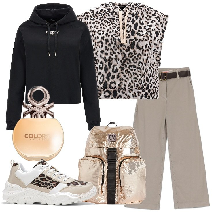 Outfit donna - Casual con grinta. Stile Casual per Tutti i giorni. Abbinamento con sneakers, profumi, pantaloni a palazzo, felpe con cappuccio, zaini, felpe con cappuccio.