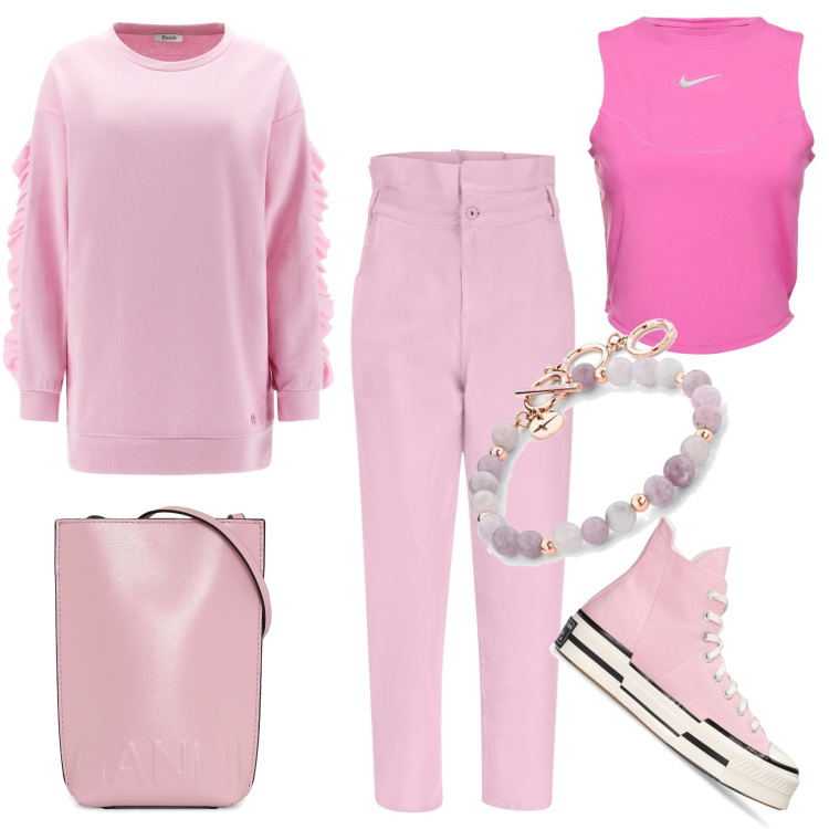 Outfit donna - Andamento sportivo. Stile Minimal per Tutti i giorni. Abbinamento con jeans, felpe, sneakers, braccialetti, canottiere, borse a spalla.