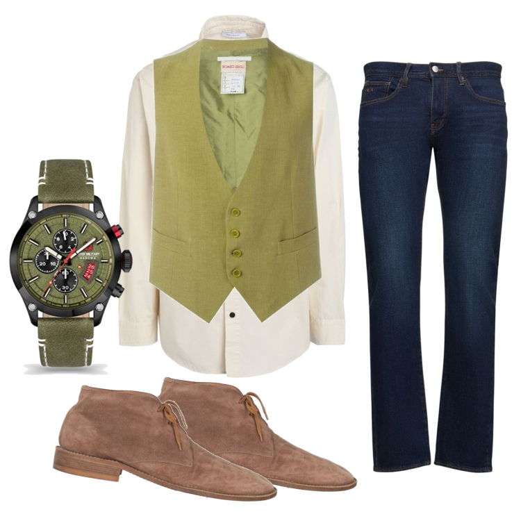 Outfit uomo - Stringata, jeans e... gilet. Stile Urban per Serata speciale. Abbinamento con gilet, camicie, scarpe stringate, jeans slim fit, orologi analogici.