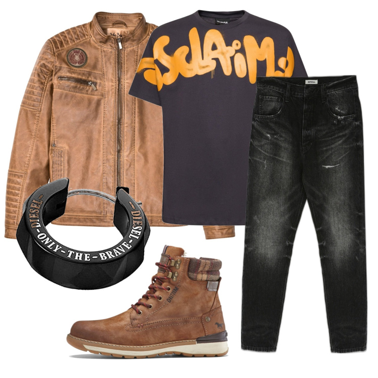 Outfit uomo - Rock. Stile Biker Rock per Serata speciale. Abbinamento con jeans slim fit, giacche, stivali e stivaletti, t-shirt, orecchini.