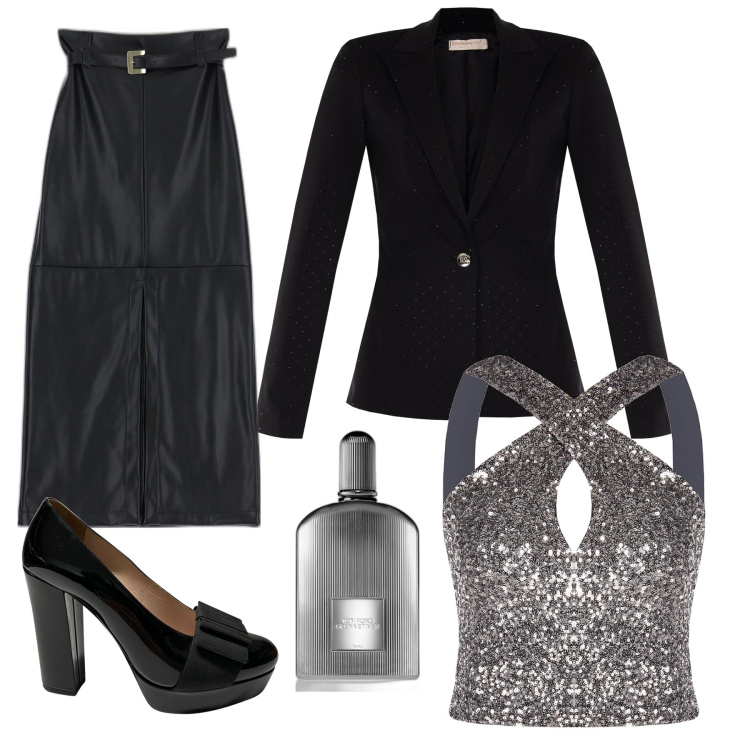 Outfit donna - Il mio top brilla. Stile Glamour per Serata fuori. Abbinamento con décolleté, profumi, top, cappotti, gonne lunghe.