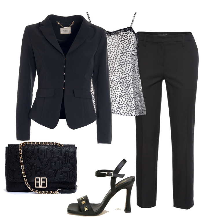 Outfit donna - Elegante da mattina a sera. Stile Chic per Tutti i giorni. Abbinamento con pantaloni, blazer, clutch, top, sandali in pelle.