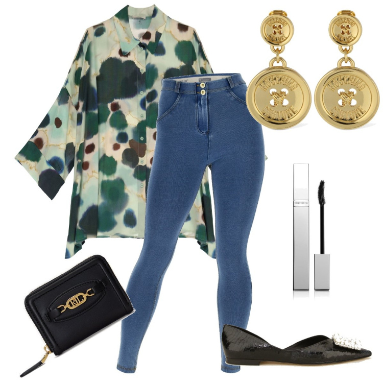 Outfit donna - La camicia over size. Stile Casual chic per Ufficio. Abbinamento con mascara, jeggings, camicie, ballerine, portafogli, orecchini.
