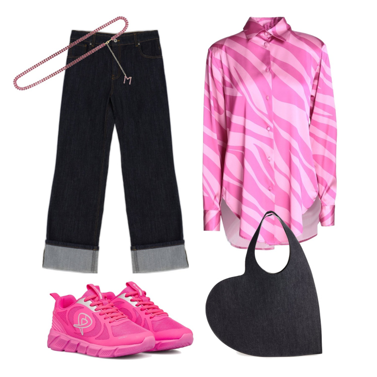Outfit donna - Pink nel cuore. Stile Sporty chic per Tutti i giorni. Abbinamento con camicie, jeans, scarpe sportive, shopping bag, cinture.