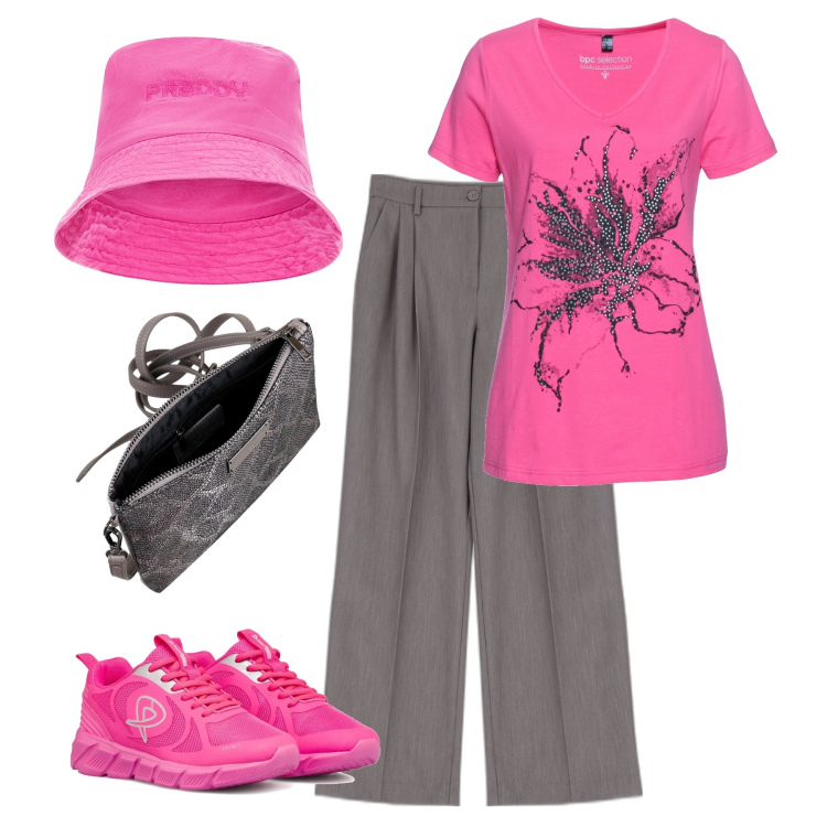 Outfit donna - Pink SportyChic. Stile Sporty chic per Tutti i giorni. Abbinamento con t-shirt, pantaloni a palazzo, cappelli, scarpe sportive, borse a mano.