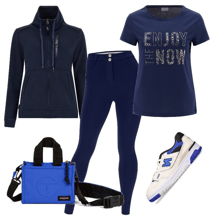 Outfit donna - Total look #1721663. Stile Trendy per Tutti i giorni. Abbinamento con pantaloni skinny, felpe, t-shirt, sneakers, shopping bag.