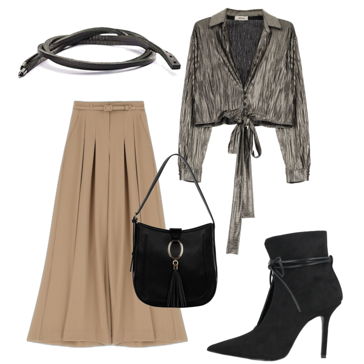 Outfit donna - Quando ami i laccetti. Stile Chic per Ufficio. Abbinamento con stivaletti, borse a spalla, pantaloni a palazzo, camicie, braccialetti.