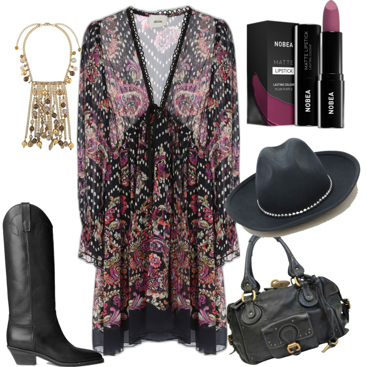 Outfit donna - Miniabito fantasia. Stile Boho per Tutti i giorni. Abbinamento con collane, borse a mano, rossetti, vestiti corti, cappelli, stivali.