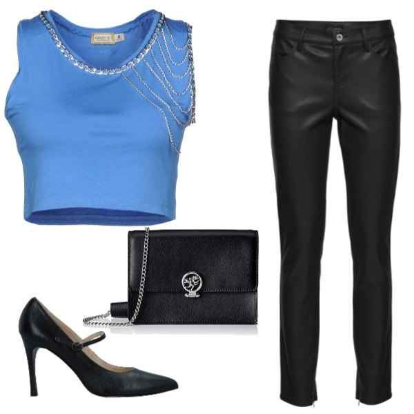 Outfit donna - Top da Principessa. Stile Chic per Serata fuori. Abbinamento con pantaloni, décolleté in pelle martellata con fibbia a punta tinta unita, top collo tondo senza maniche jersey, borsa a tracolla nero.