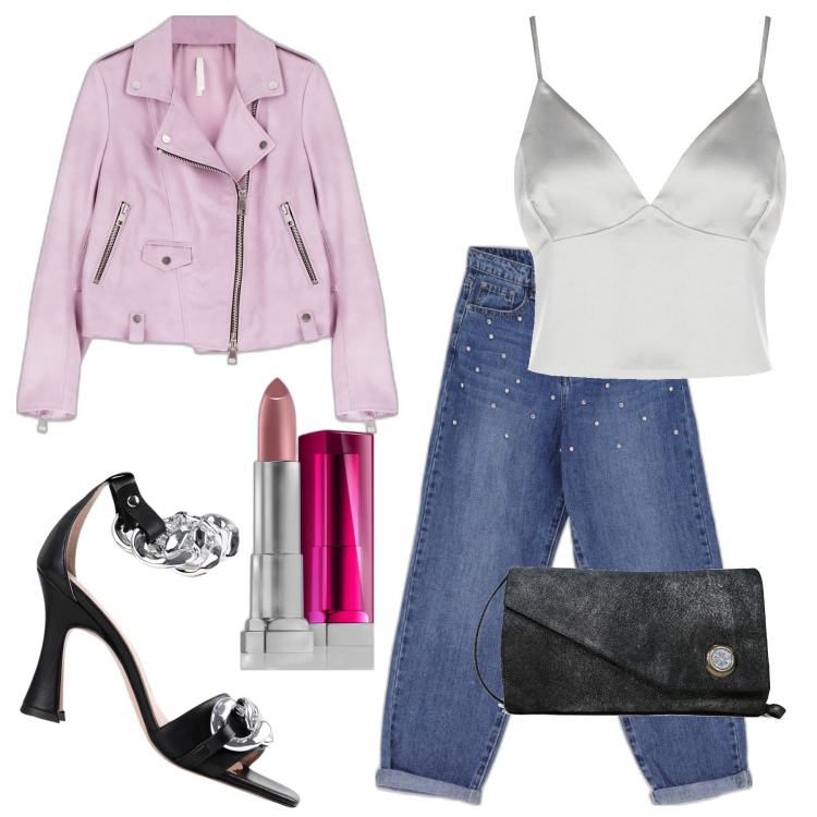 Outfit donna - Serata alternativa. Stile Chic per Serata fuori. Abbinamento con borse a spalla, sandali in pelle, rossetti, jeans, top, giacche.