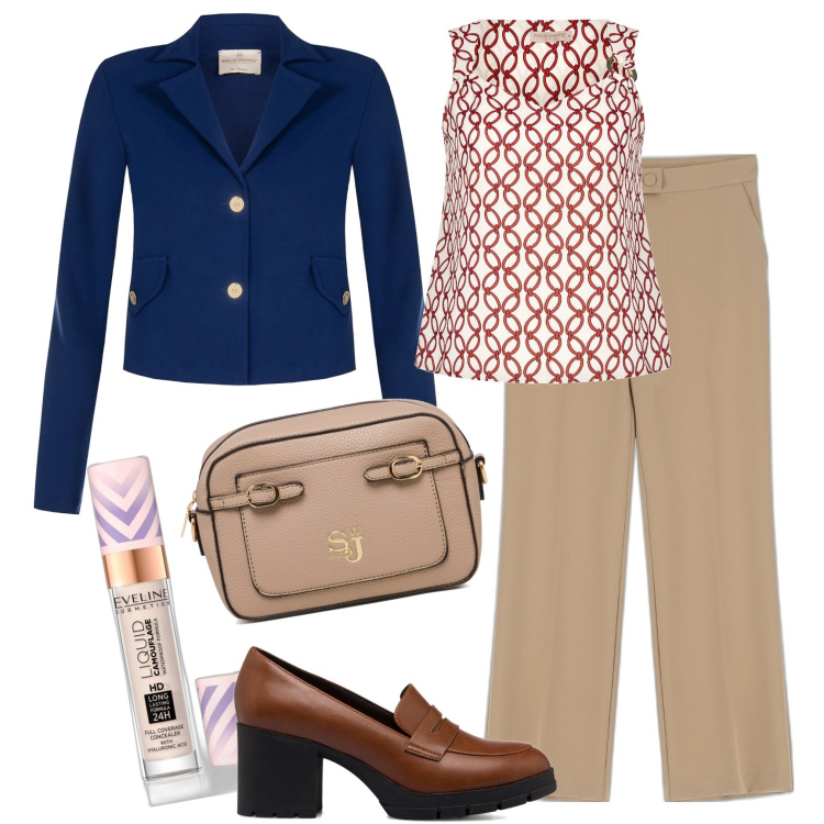 Outfit donna - Il top e la giacca. Stile Urban per Ufficio. Abbinamento con correttori, top, giacche, pantaloni, mocassini, borse a tracolla.