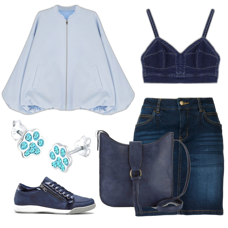 Outfit donna - Total look #1721698. Stile Casual per Tutti i giorni. Abbinamento con gonne, borse a tracolla, sneakers alte, top, giacche, orecchini.