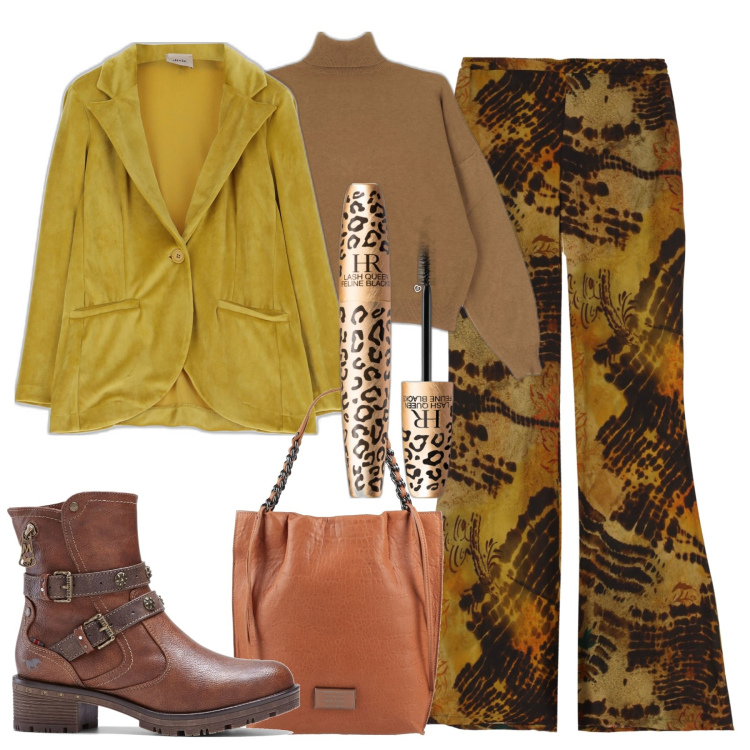 Outfit donna - Total look #1721703. Stile Boho per Tutti i giorni. Abbinamento con stivaletti, borse a mano, mascara, pantaloni a palazzo, giacche, maglieria.