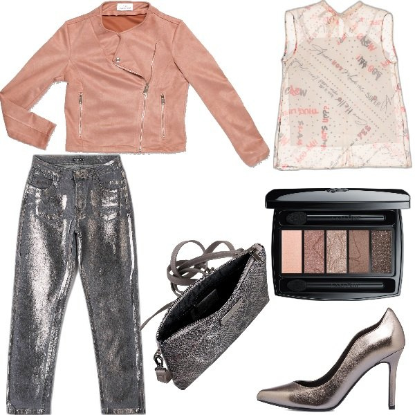 Outfit donna - Un top sotto la giacca. Stile Glamour per Serata fuori. Abbinamento con ombretti, jeans, canottiere, cappotti, décolleté, borse a mano.