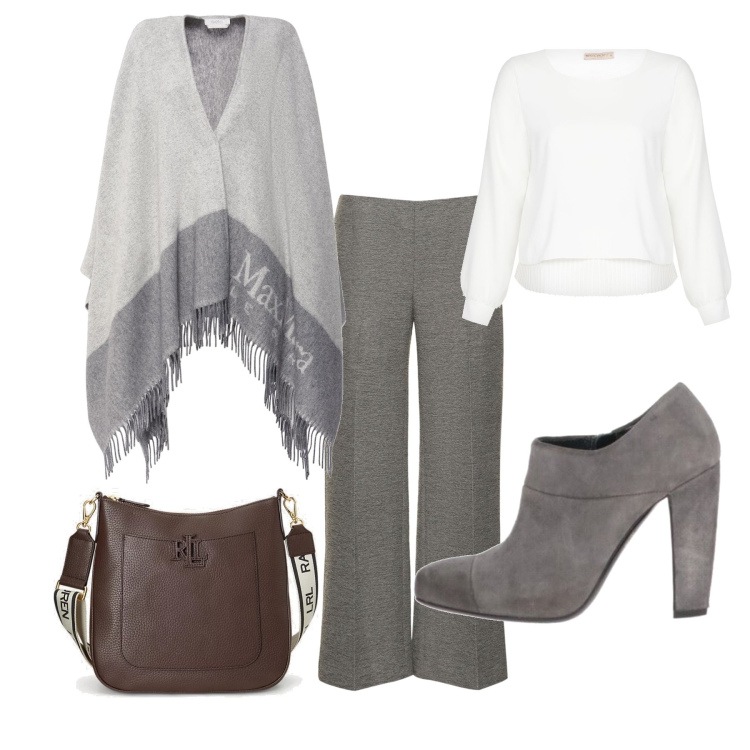 Outfit donna - Warm curvy. Stile Casual chic per Ufficio. Abbinamento con décolleté, bluse, borse a tracolla, pantaloni, cappotti.