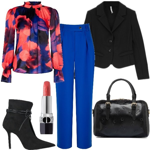 Outfit donna - Perfetta in ufficio. Stile Chic per Ufficio. Abbinamento con stivaletti, rossetti, bluse, pantaloni a palazzo, cappotti, borse a mano.