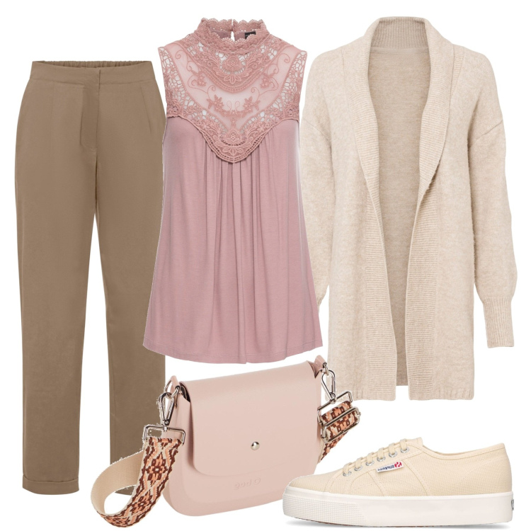 Outfit donna - Foglie d\'autunno. Stile Basic per Tutti i giorni. Abbinamento con top, pantaloni, cardigans, sneakers, borse a spalla.