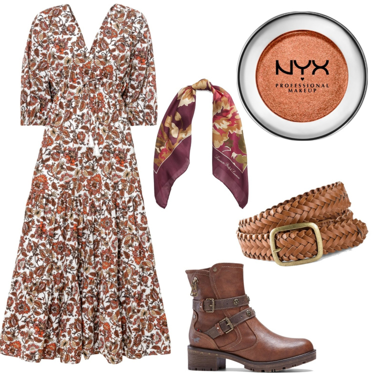 Outfit donna - Aspettando l\'autunno. Stile Boho per Tutti i giorni. Abbinamento con cinture, vestiti lunghi, stivaletti, ombretti, foulard.