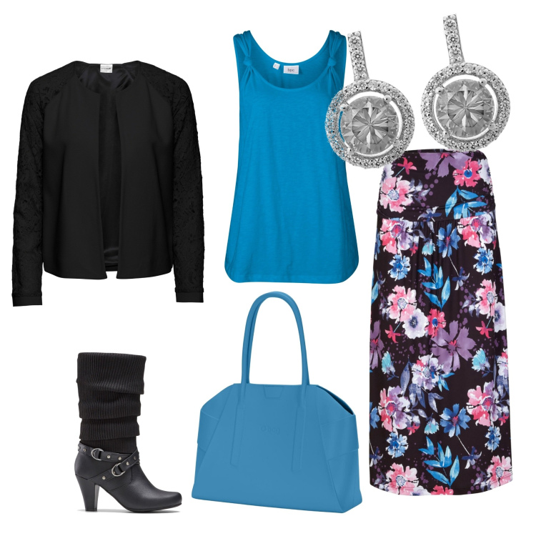 Outfit donna - La gonna a fiori x la riunione lavorati. Stile Bon Ton per Ufficio. Abbinamento con stivali, blazer, top, gonne, orecchini, borse a spalla.